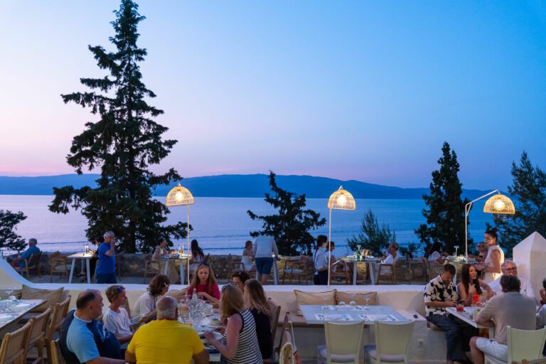 techne restaurant and social hydra greece at sunset