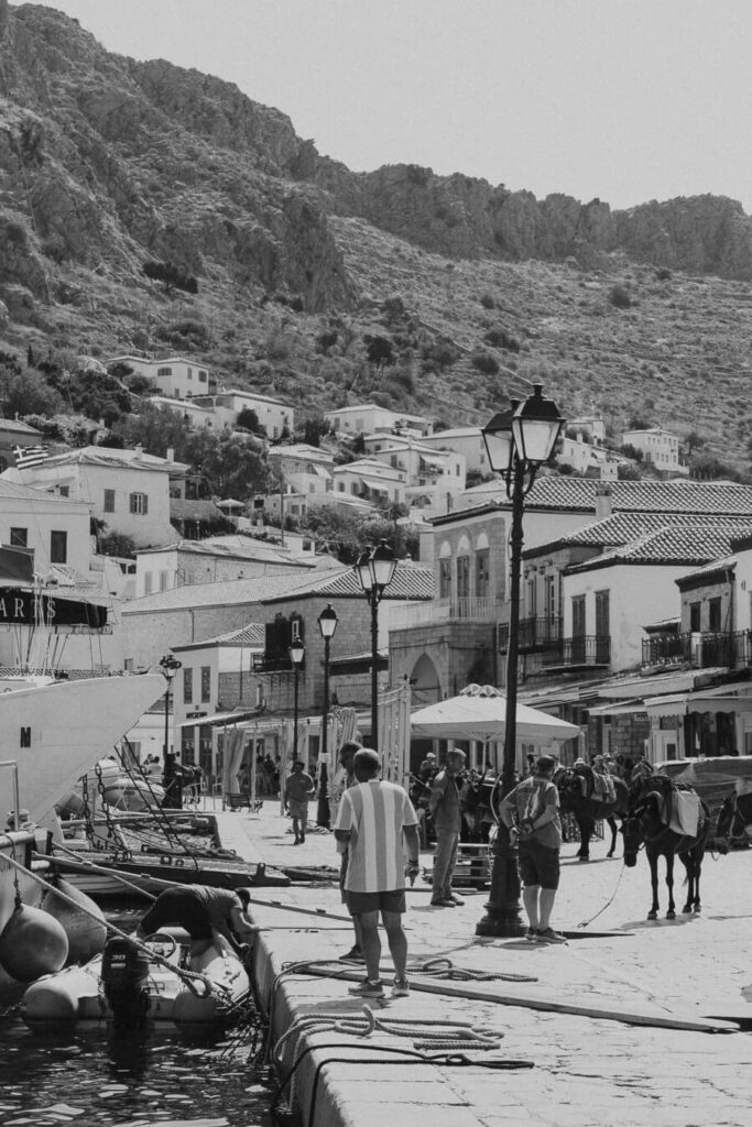 hydra town harbour in black and white