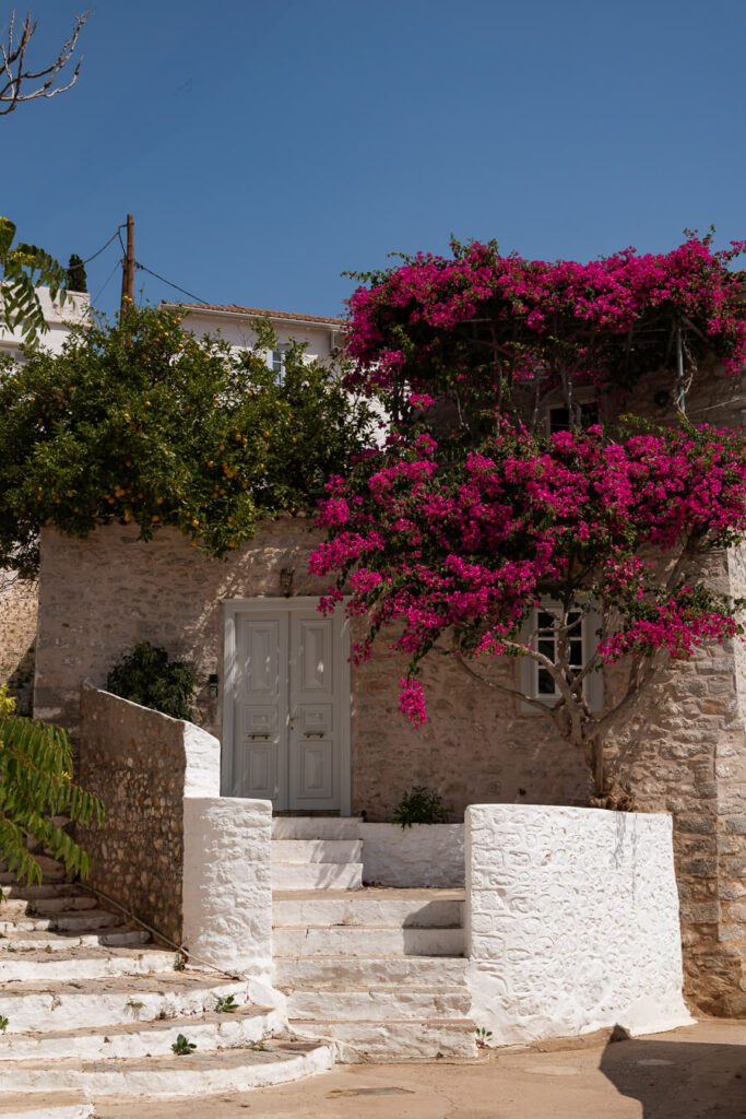 house with bougainvillea hydra greece