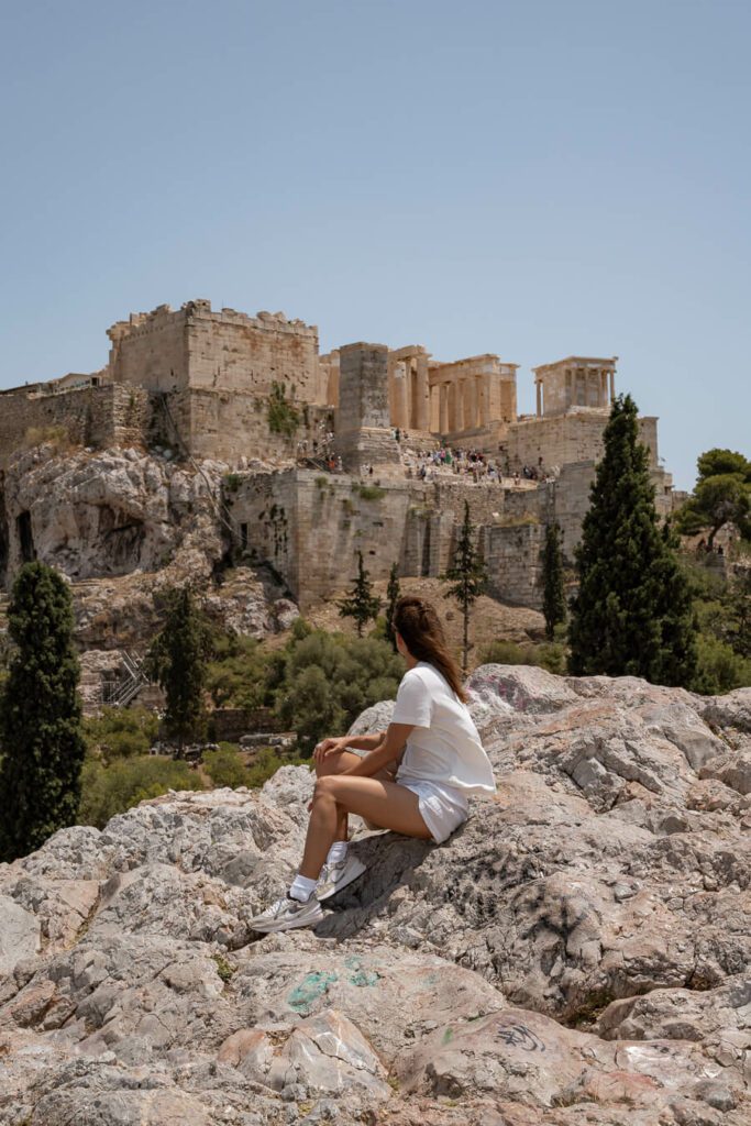 woman, me with view of the acropolis in athens