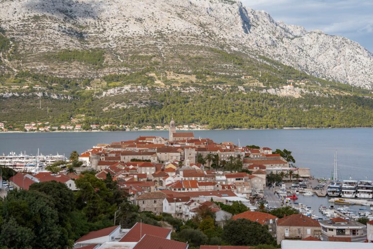 korcula town with mountains view