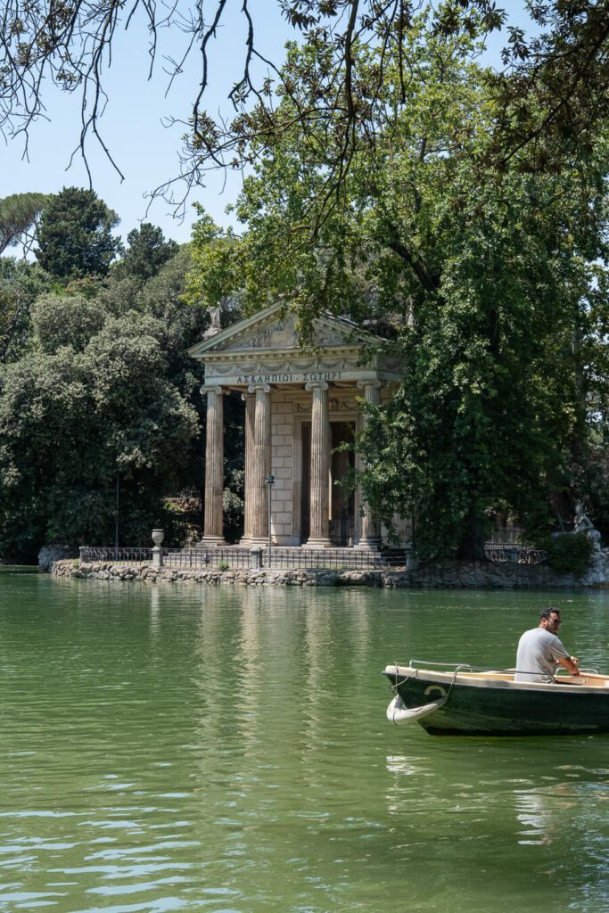 pond with roman temple in rome, villa borghese