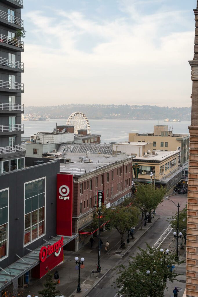 downtown seattle and seattle wheel and puget sound