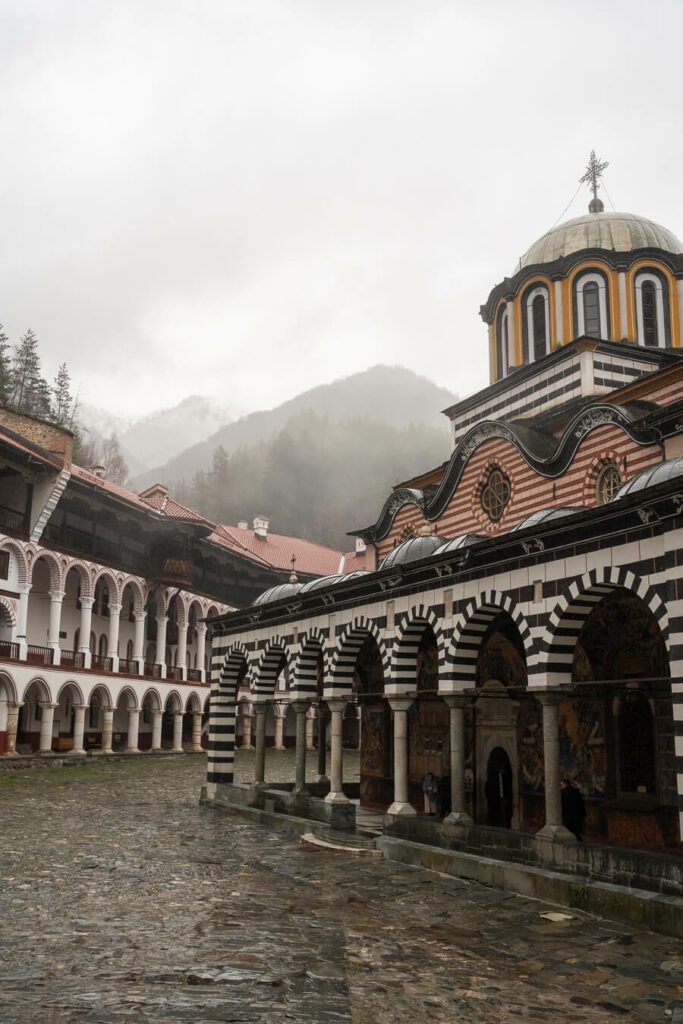 rila monastery in thick cloud