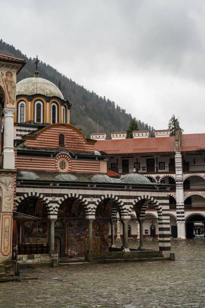 main courtyard and church of nativity at rila monastery