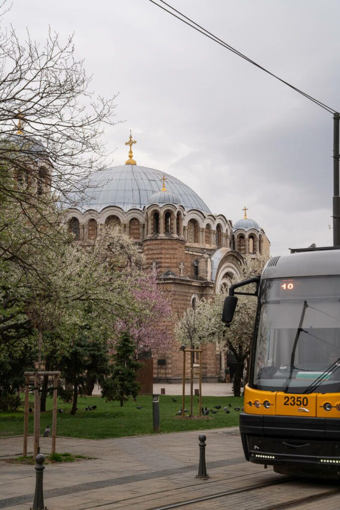orthodox church with tram in sofia bulgaria