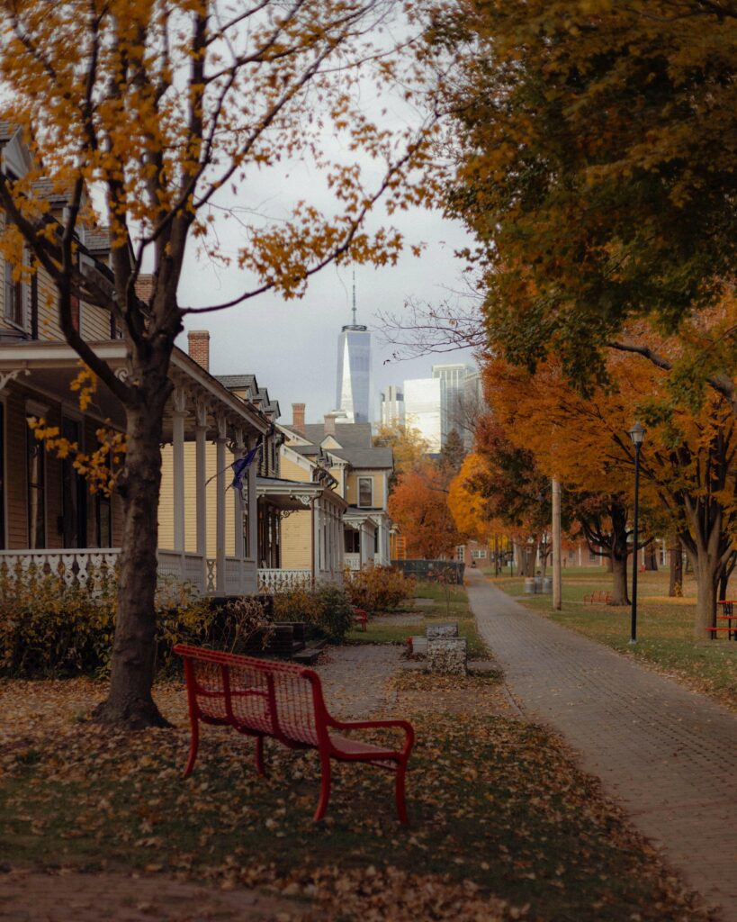leafy suburb in new york city in the fall