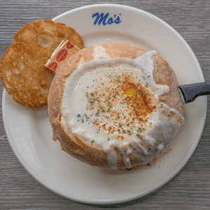 mo's seafood chowder in bread