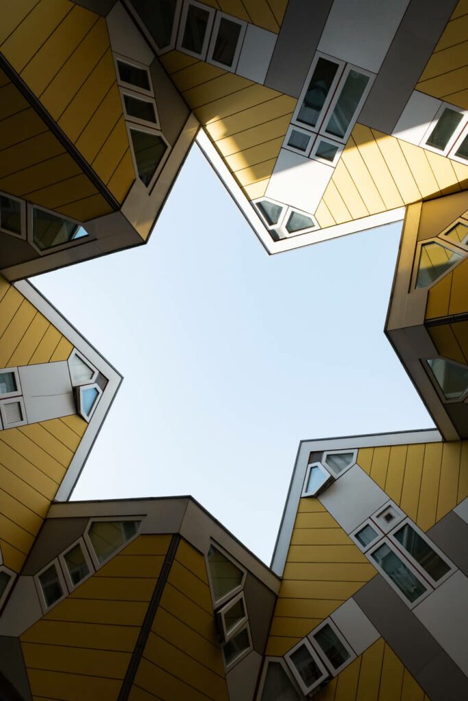 skyward view at the cube houses in rotterdam